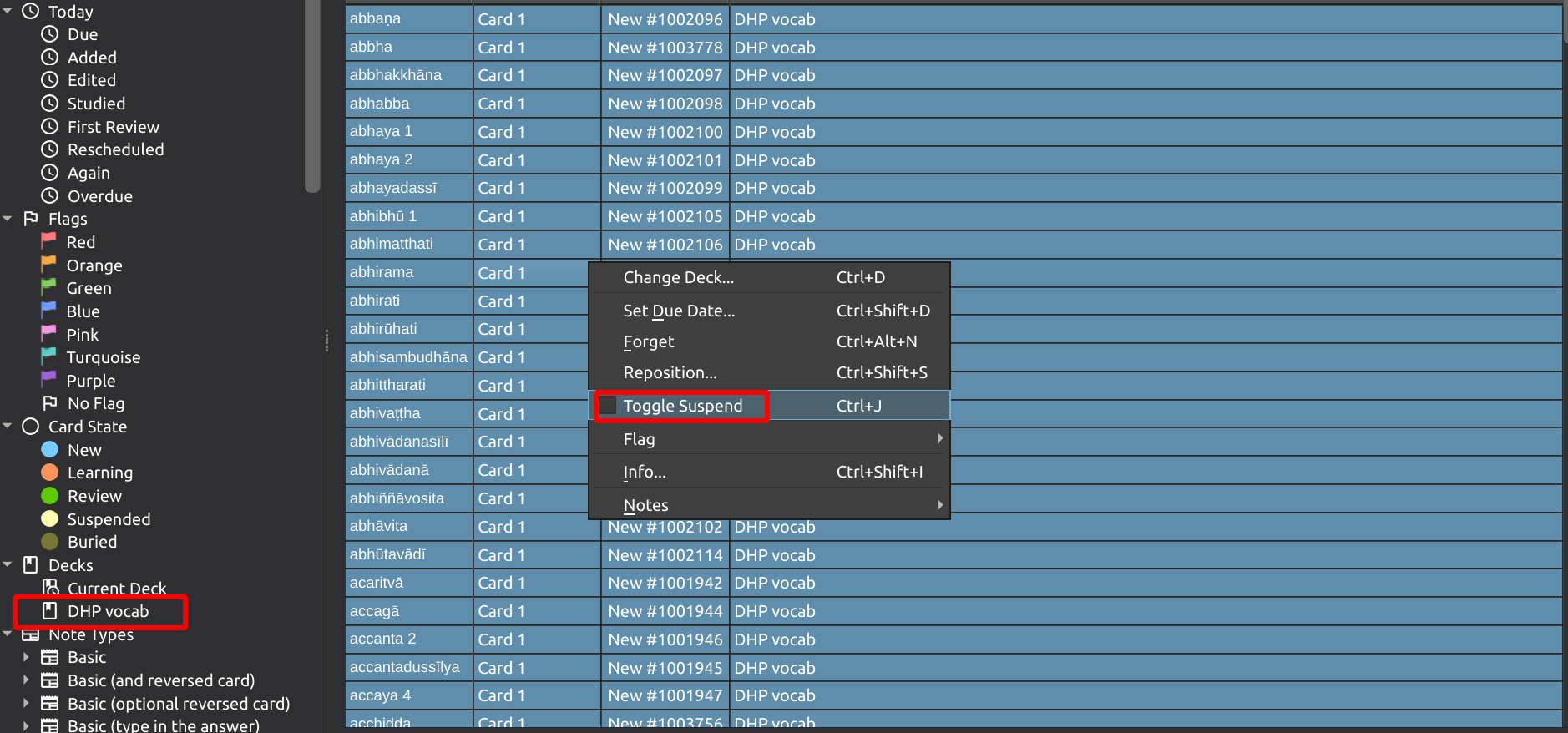 Anki Browse DHP vagga selected